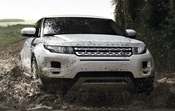 Picture road, white, squirt, background, coupe, dirt, jeep, Land Rover, Range Rover, Coupe, the front, Evoque, …