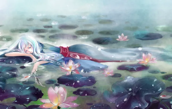 Picture girl, flowers, fog, lake, anime, art, water lilies, vira