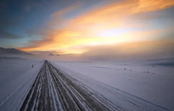 Picture winter, road, landscape, sunset