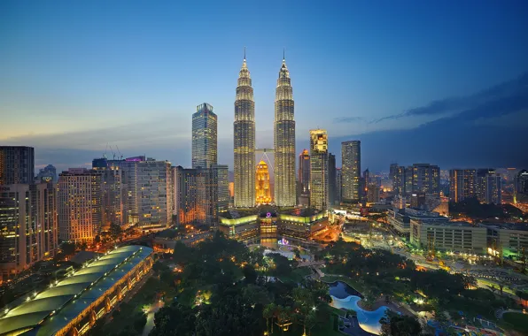 Picture the sky, lights, Park, horizon, twilight, Malaysia, Kuala Lumpur, twin towers Petronas