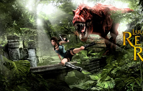 Picture girl, dinosaur, jungle, lara croft, tomb raider, Tyrannosaurus rex, T. rex