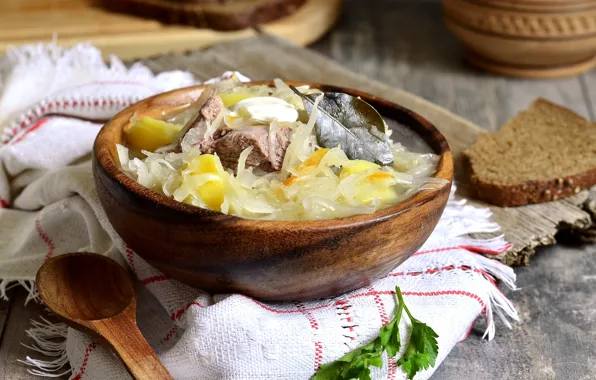 Picture bread, spoon, soup, meat, bowl, cabbage