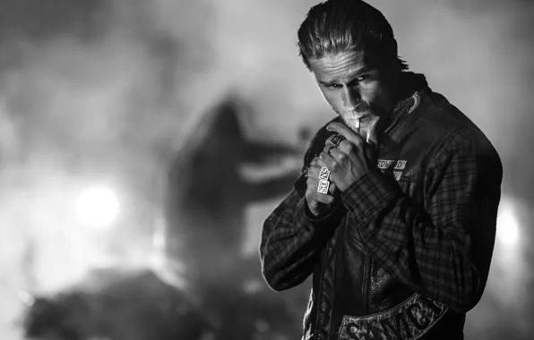 Picture cigarette, actor, black and white, male, the series, Charlie Hunnam, Sons of Anarchy, Jax, Charlie …