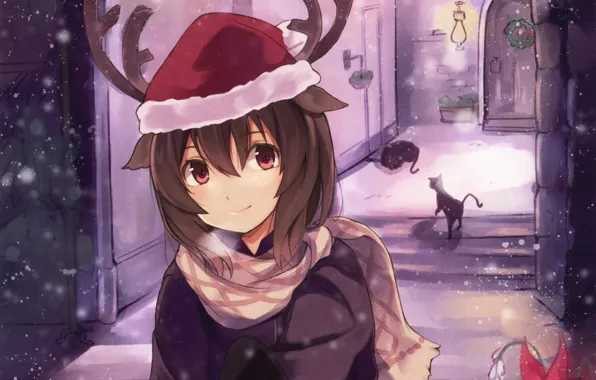 Picture winter, girl, snow, holiday, cats, Christmas, anime, art, lights, horns, kyuri