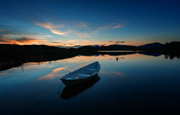 Picture sunset, lake, boat, calm, the evening