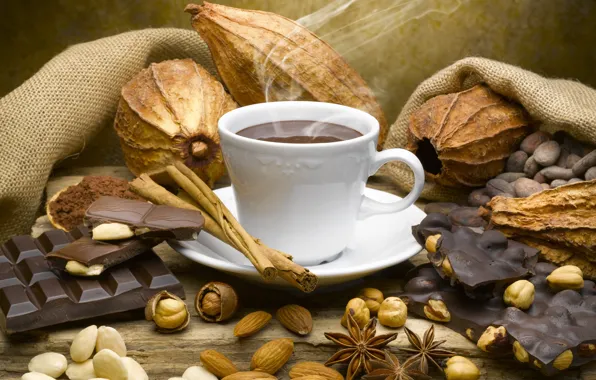 Picture coffee, chocolate, mug, drink, nuts, cinnamon, smoke, star anise