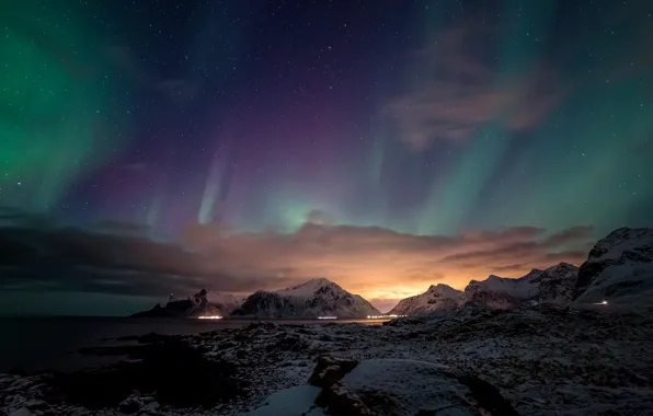 Picture snow, mountains, night, the ocean, Northern lights, glow