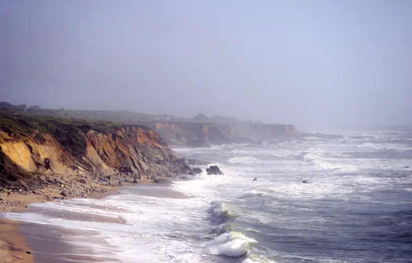 Picture waves, beach, fog, houses, lighthouse, cliffs, troubled sea