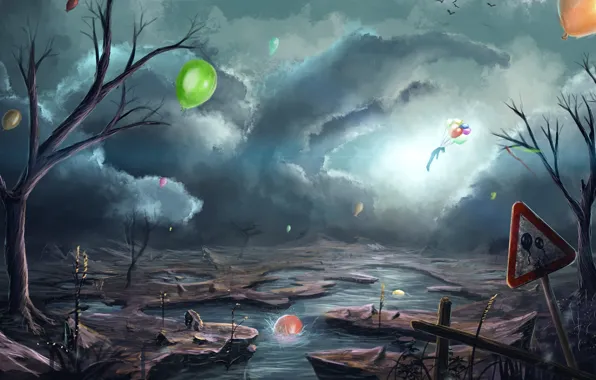 Picture clouds, birds, river, balloons, Apocalypse, people, art
