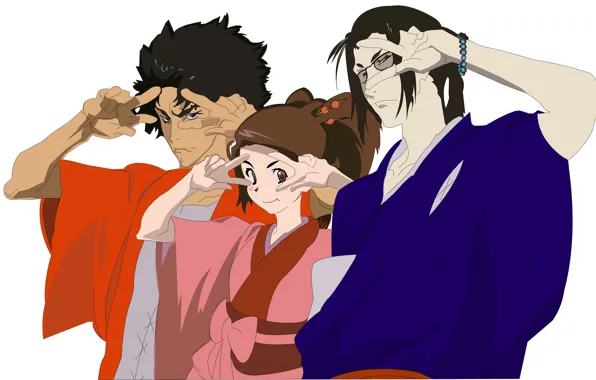 Picture glasses, kimono, gesture, three, jin, samurai champloo, fuu, mugen, samurai chanpur?, by kazuto nakazawa