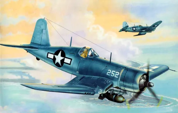 Picture fighter, war, art, airplane, painting, ww2, F4U Corsair