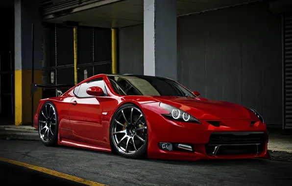 Picture red, supercar, the dark background, Nissan GT-R