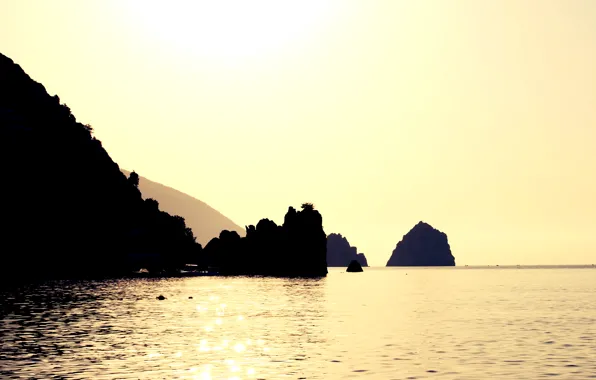 Picture sea, water, the sun, rocks, silhouette, sunshine, Crimea, gold, sun, sunlight, sunlight
