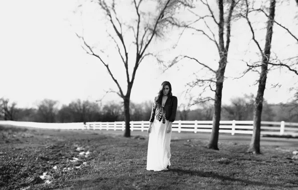 Picture girl, dress, trees, field, nature, woman, model, fence, black and white, female, jacket, Danielle Perry, …