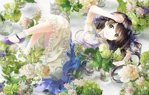 Picture shoes, flowers, girl, lies, braids, banks, bow, white dress, green eyes, peonies, ruffles, bouquets