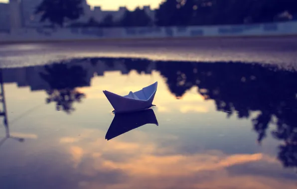 Picture clouds, sunset, reflection, heaven, the evening, puddle, paper boat