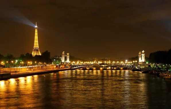 Picture water, night, the city, lights, Paris, Eiffel tower