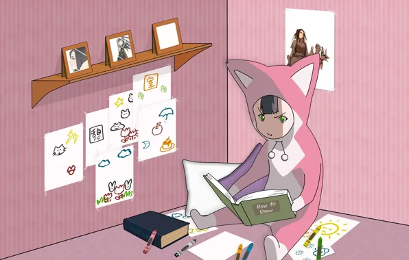 Picture room, books, robot, child, drawings, jumpsuit, ears, on the floor, ergo proxy, markers, pino