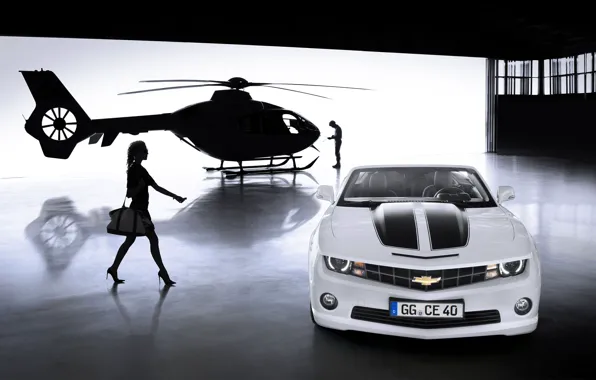Picture girl, Chevrolet, Camaro, helicopter, Convertible 2012