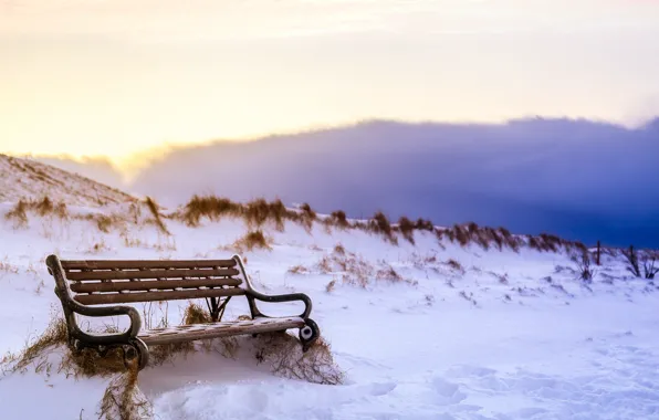 Picture winter, snow, bench, traces, Iceland