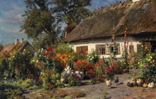 Picture trees, landscape, flowers, house, Windows, picture, hut, chickens, mallow, Peder Monsted