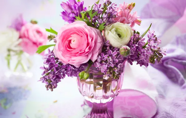 Picture bouquet, vase, lilac, Ranunculus