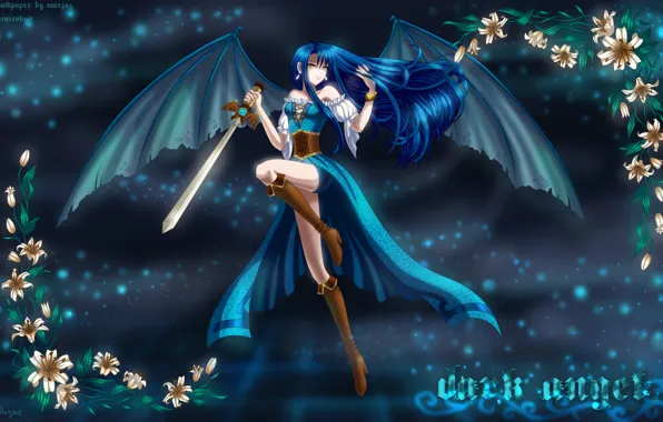 Picture girl, flowers, Lily, wings, sword, vampire, fantasy