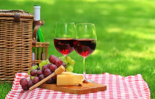 Picture grass, nature, wine, red, basket, bottle, cheese, glasses, grapes, picnic, napkin