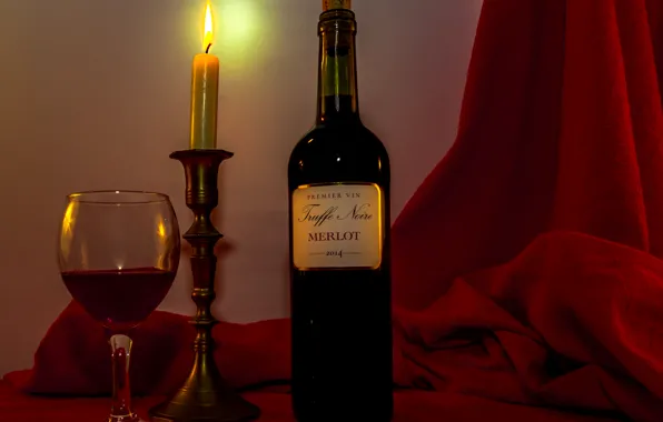 Picture fire, wine, red, glass, bottle, candle