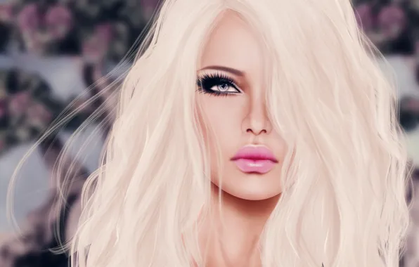 Picture look, girl, face, rendering, background, hair, lips
