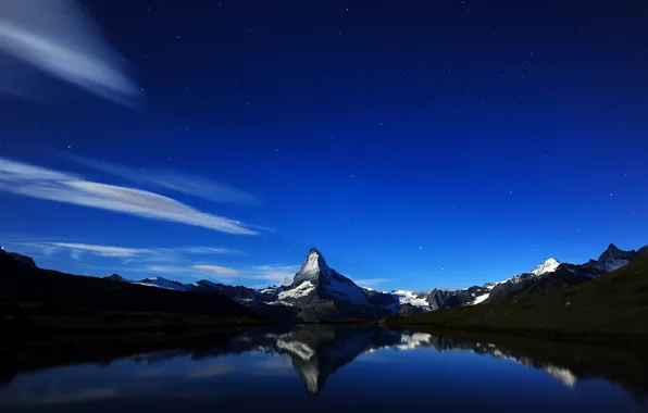 Picture mountains, night, Switzerland, Matterhorn's Midnight Reflection