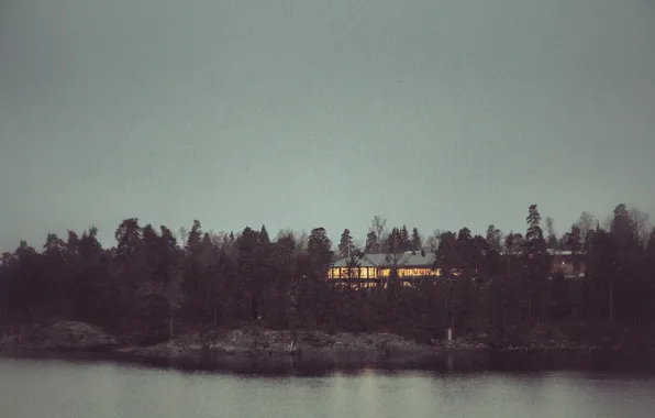 Picture sea, trees, landscape, lights, house, island, Night, Sweden
