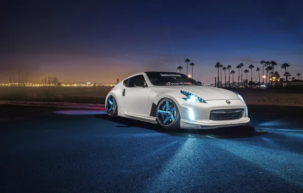 Picture Nissan, Front, Night, White, 370Z, Stance, Garage, Before