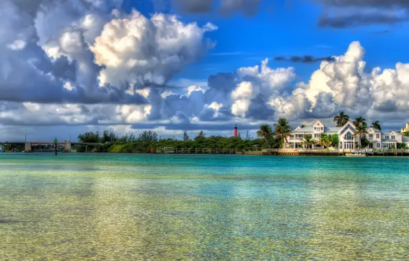 Picture sea, water, clouds, palm trees, mansion