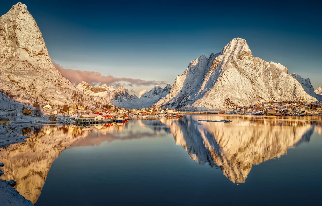 Photo wallpaper mountains, reflection, village, Norway, Norway, the fjord, Nordland, The Lofoten Islands, Pure, Lofoten archipelago, The …