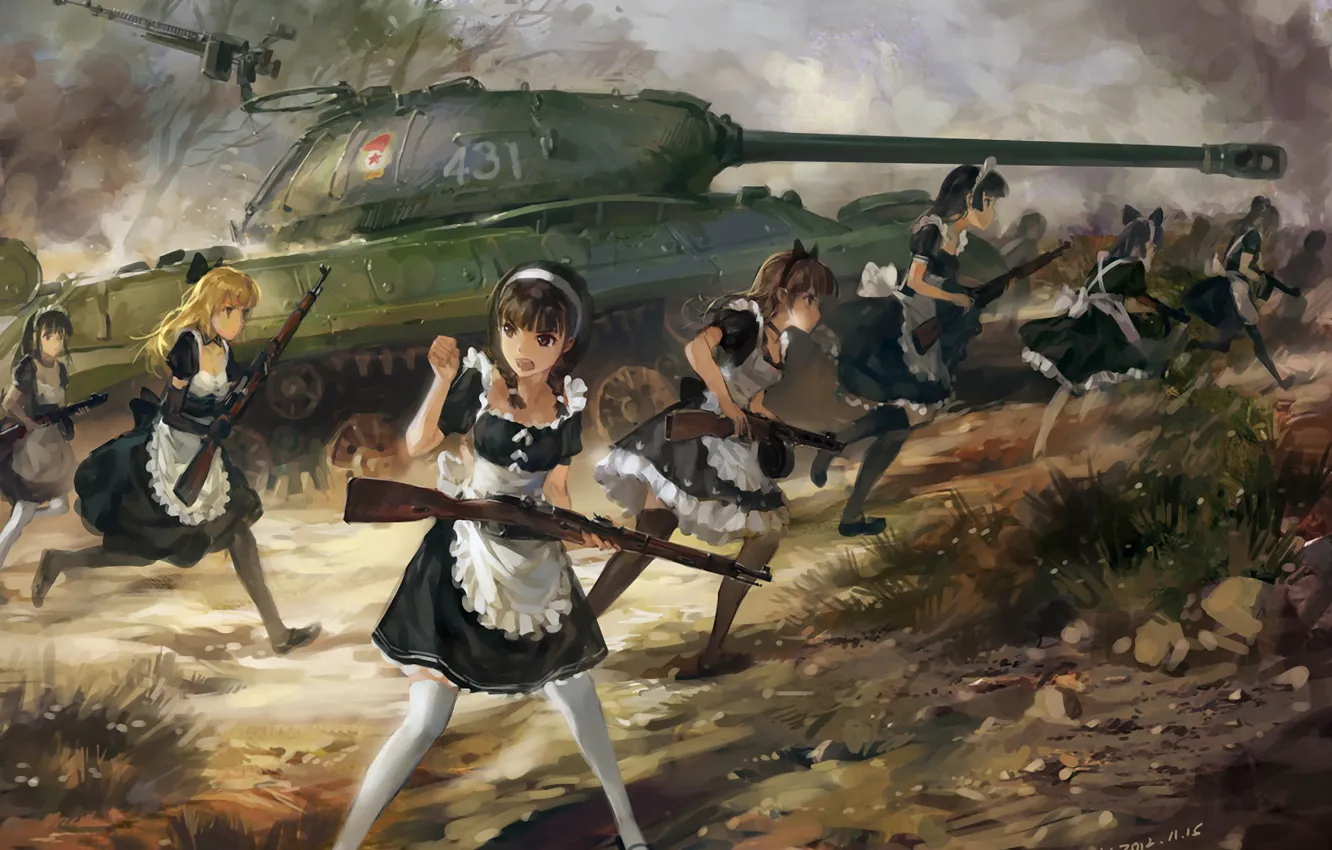 Photo wallpaper weapons, girls, anime, art, the maid, upscale, tank is-3, hjl, rifle PPSH-41, the carbine Mosin