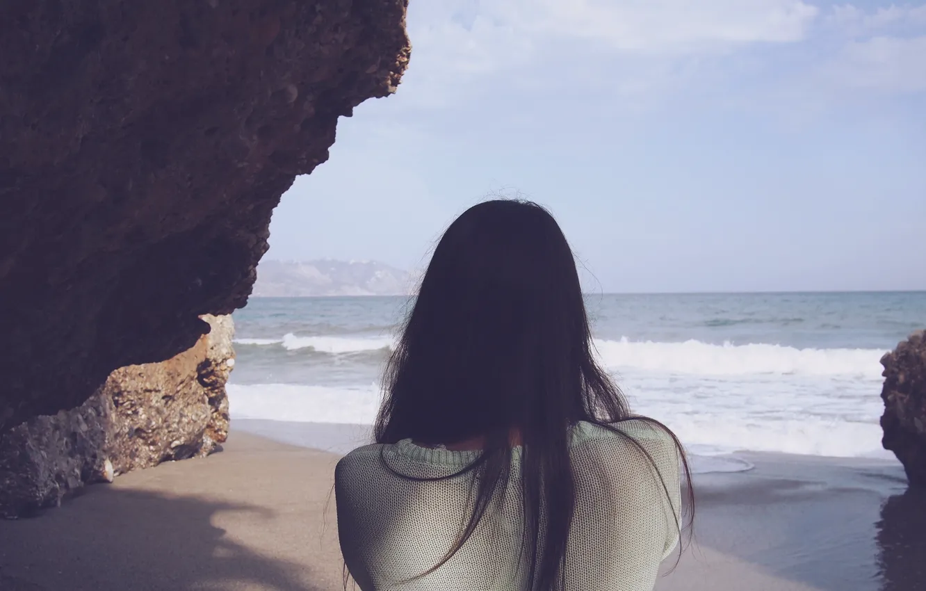 Photo wallpaper Girl, waves, beach, sand, hair, brunette