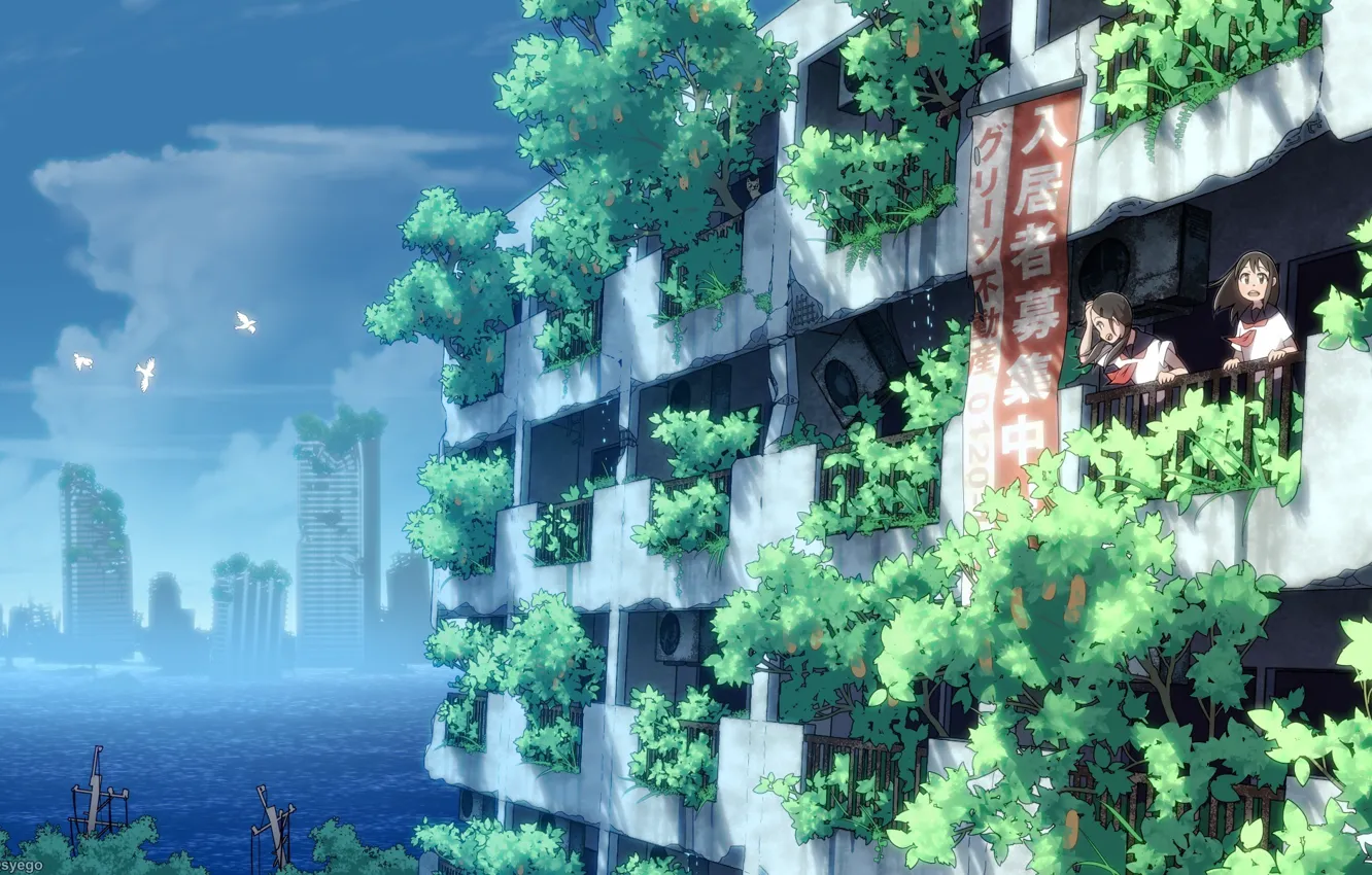 Wallpaper the sky, water, clouds, birds, girls, home, anime, art, form,  ruins, Schoolgirls, syego images for desktop, section прочее - download