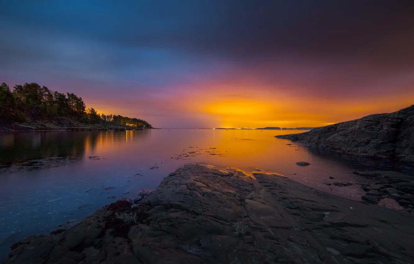 Photo wallpaper sunset, Norway, Bay, archipelago