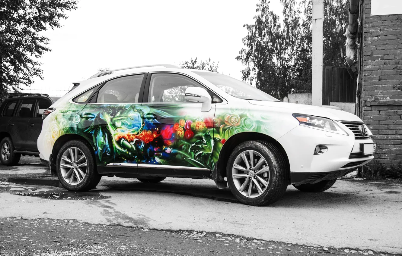 Photo wallpaper flowers, bright, harp, lexus, airbrushing, floral arrangement, nymph, Muse, drawing on the car, colorful illustration, …