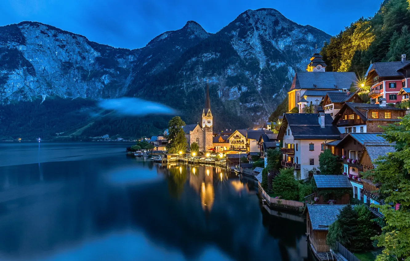Photo wallpaper mountains, lights, lake, the evening, Austria, Alps, Salzkammergut, Hallstatt