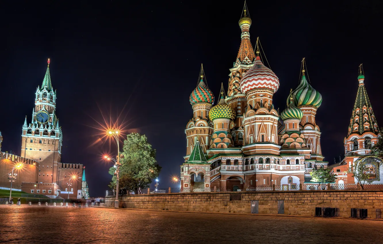 Photo wallpaper night, Moscow, The Kremlin, St. Basil's Cathedral, Russia, Red square