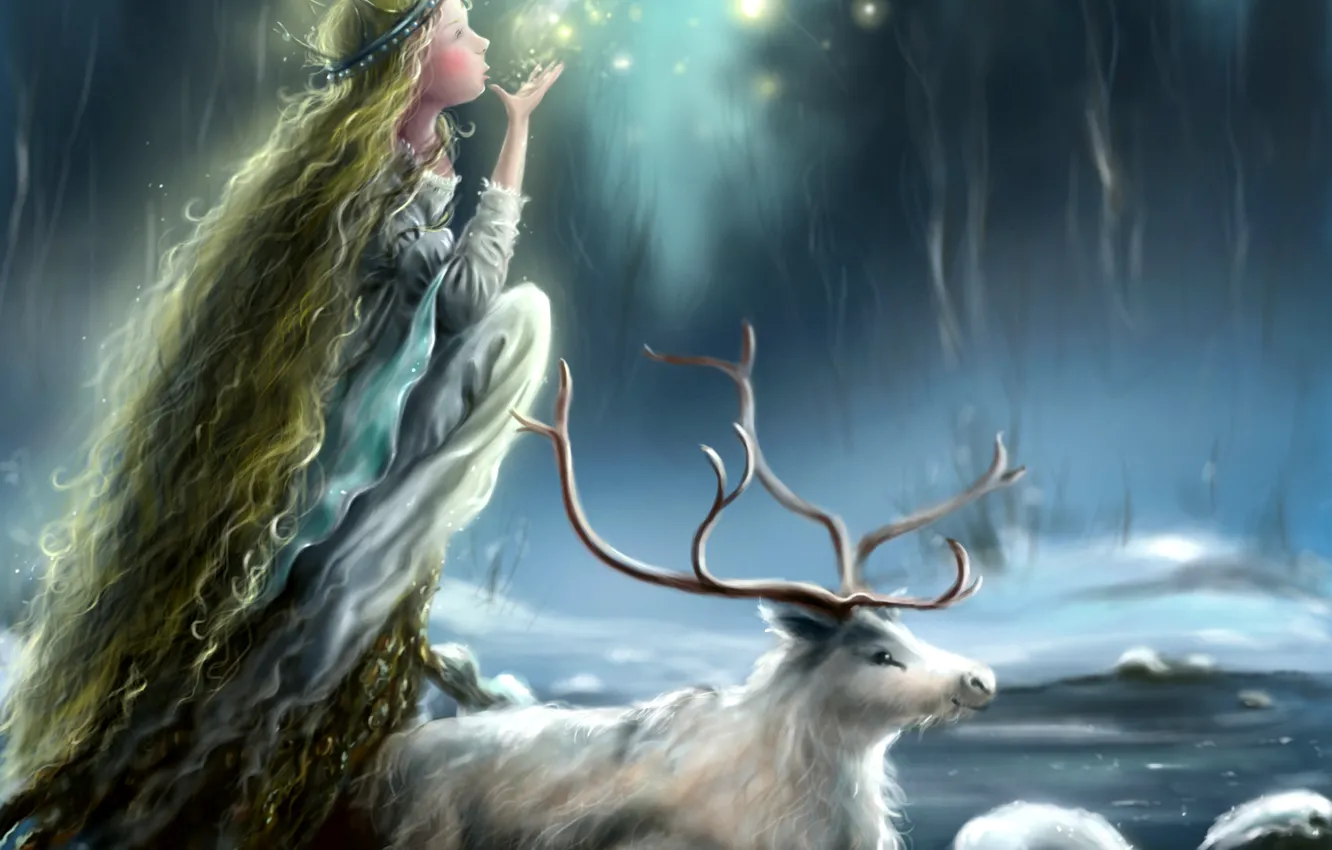 Photo wallpaper ice, winter, girl, snow, face, animal, deer, lights, horns, profile, Princess, long hair, mania