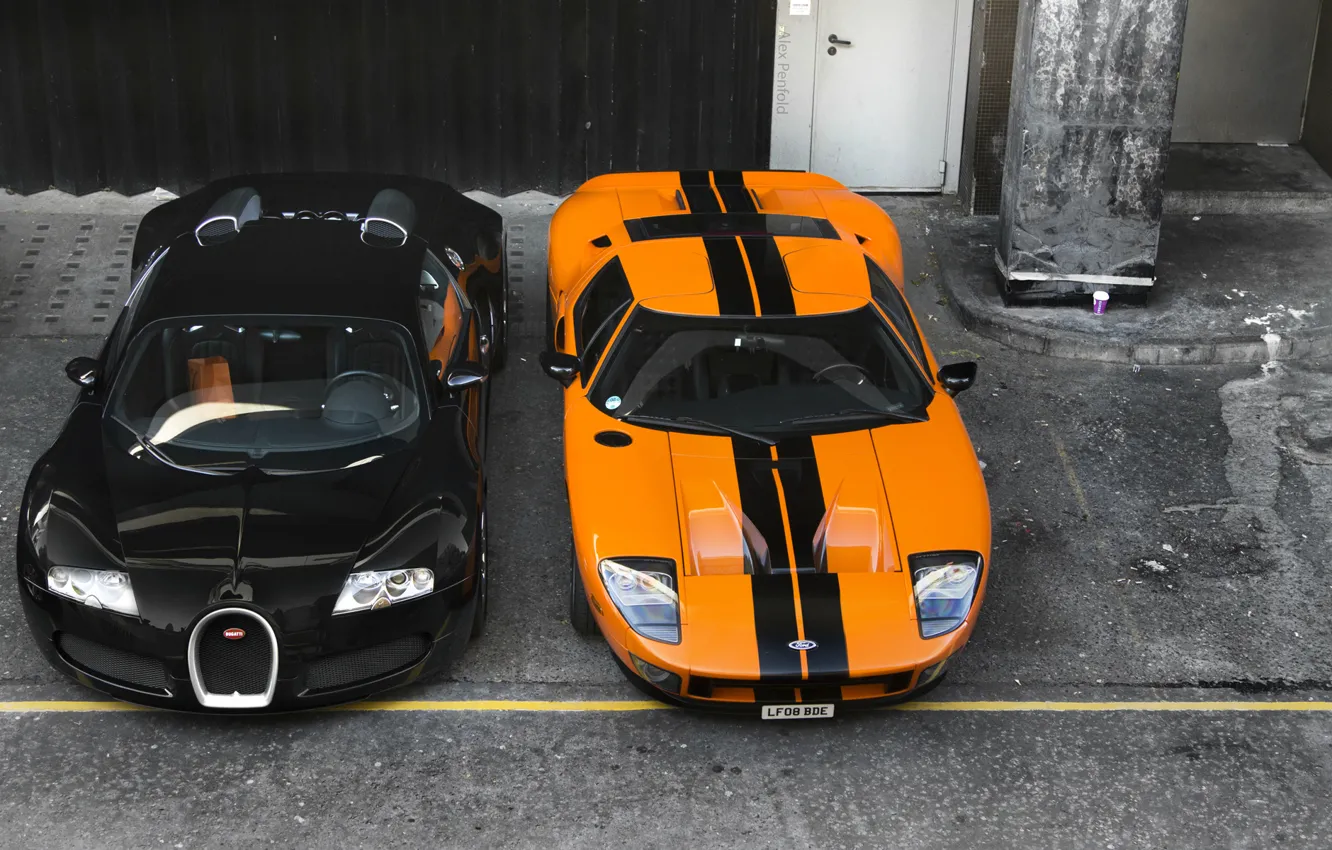 Photo wallpaper orange, background, black, Ford, Bugatti, Bugatti, Ford, Veyron, Veyron, the front, supercars, supercars