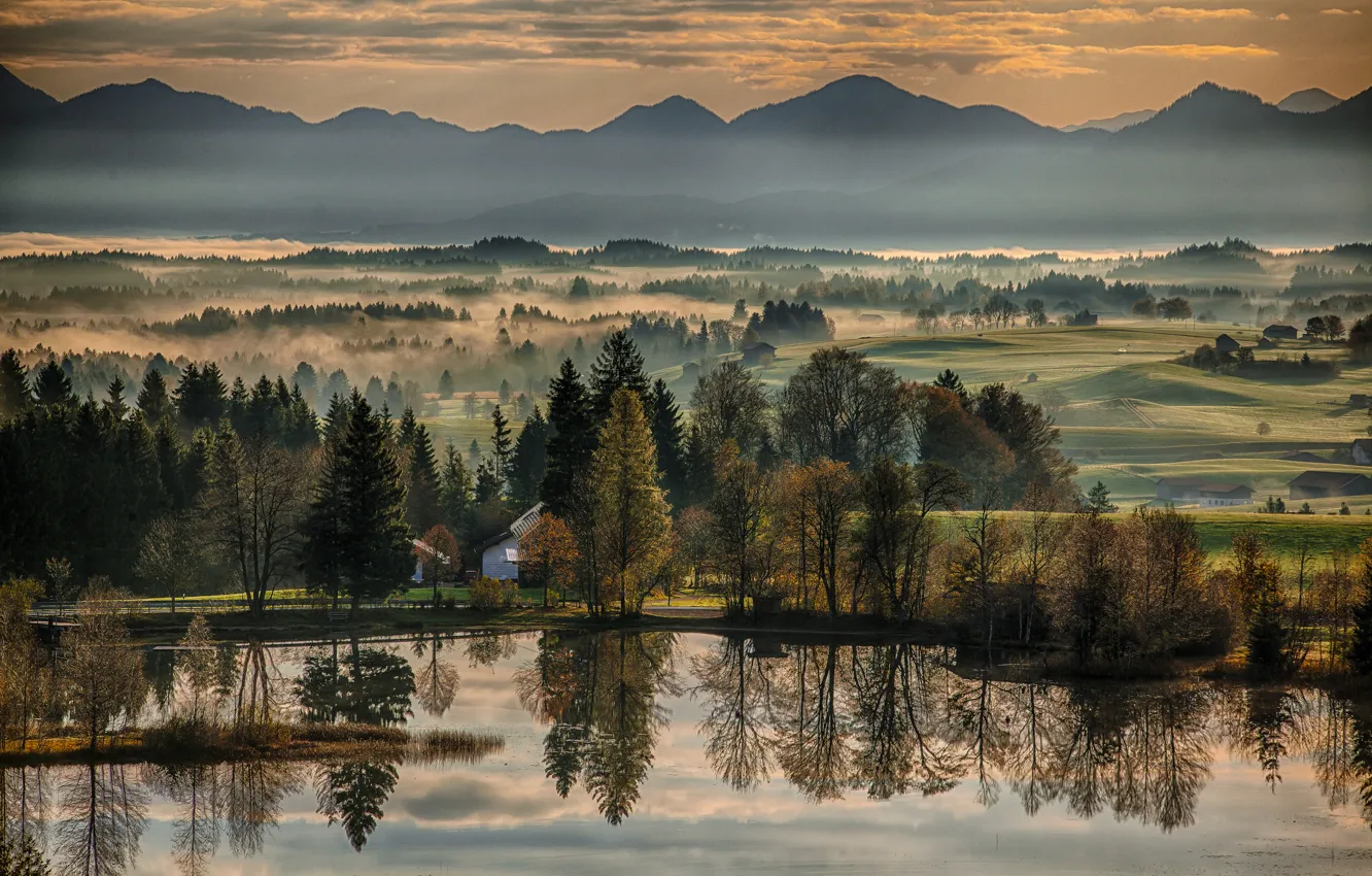 Photo wallpaper autumn, trees, mountains, reflection, river, dawn, morning, Germany, Bayern, Germany, Bavaria, Wildsteig, Wildsteig