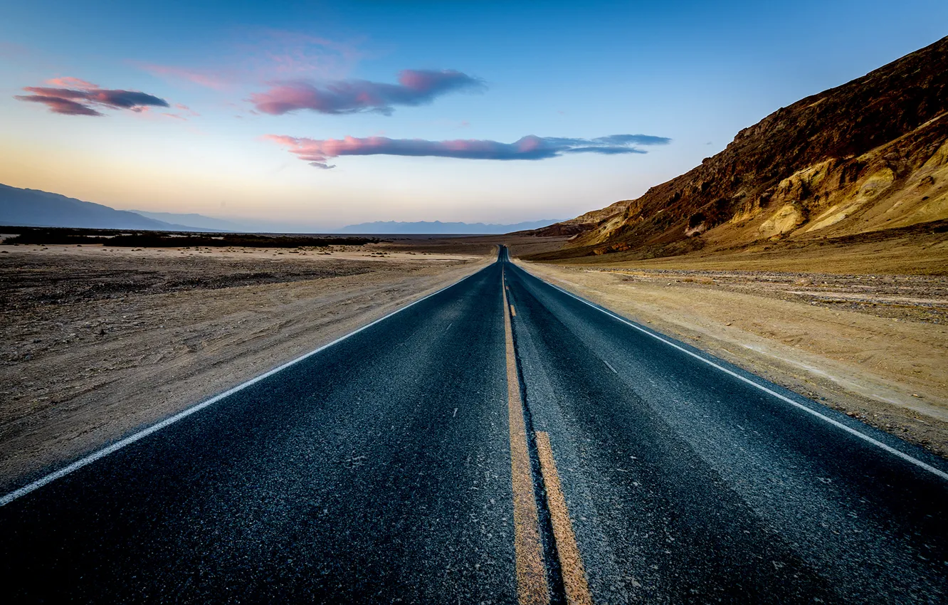 Photo wallpaper rock, road, desert, sunset, mountain, sand, dusk, highway