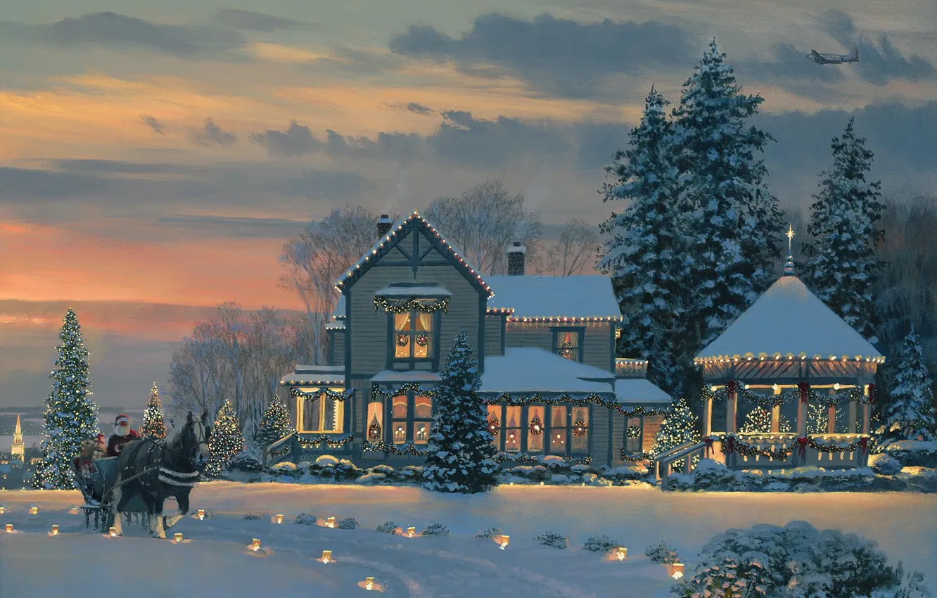 Wallpaper winter, snow, lights, house ...