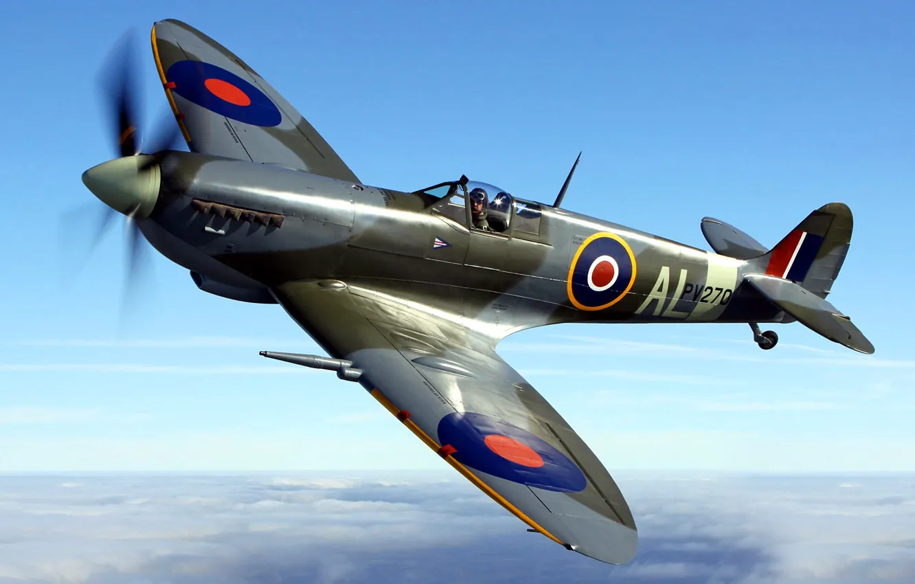 Photo wallpaper the sky, flight, the plane, fighter, propeller, Spitfire, scout, interceptor, Supermarine, Spitfire, Supermarine