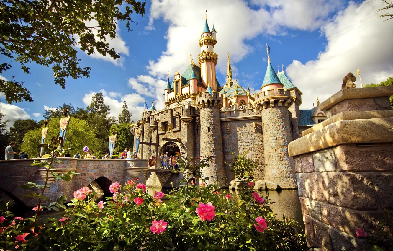 Wallpaper the sky, flowers, castle, paint, beauty, CA, USA, Disneyland,  amusement Park, Anaheim, The Walt Disney images for desktop, section город  - download
