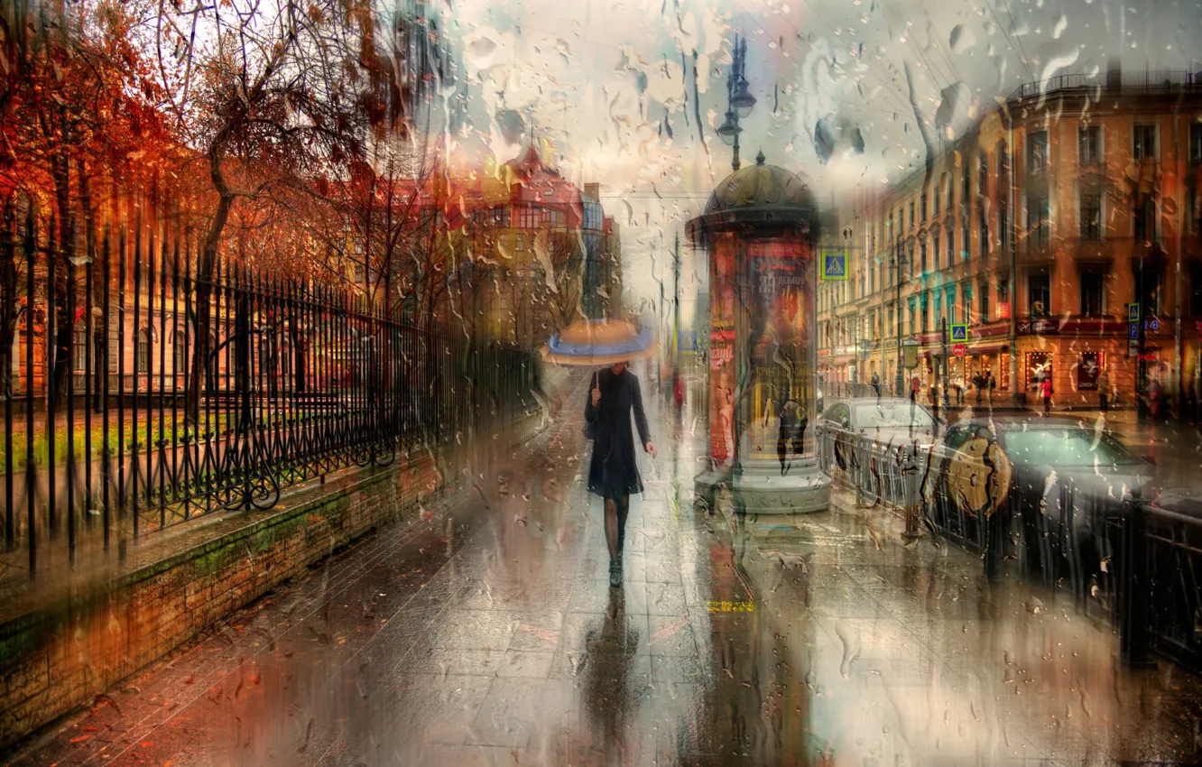 Photo wallpaper autumn, girl, drops, the city, rain, umbrella, walk, Russia...
